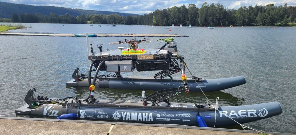 Minion, the WAM-V, docked, with its sensor payload and a drone on deck